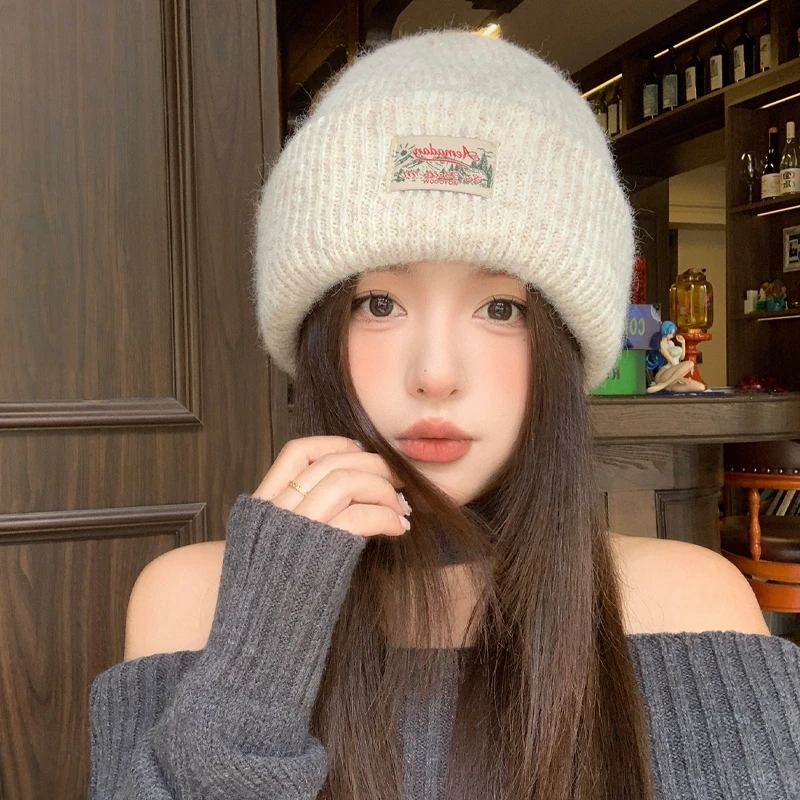 毛绒针织帽女秋冬季韩版显脸小保暖冷帽加厚大头围毛线帽子堆堆帽