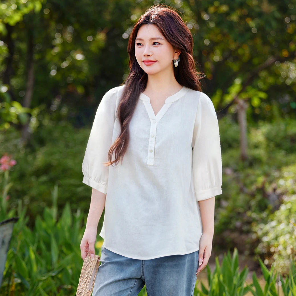 【亚麻棉】MsShe大码女装2025款宽松纯色V领七分袖衬衫M2504035