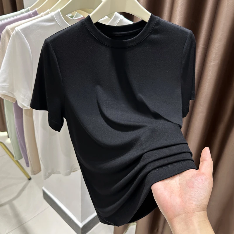 黑色短袖T恤女爆款2025新款夏季圆领修身百搭上衣洋气宽松打底衫