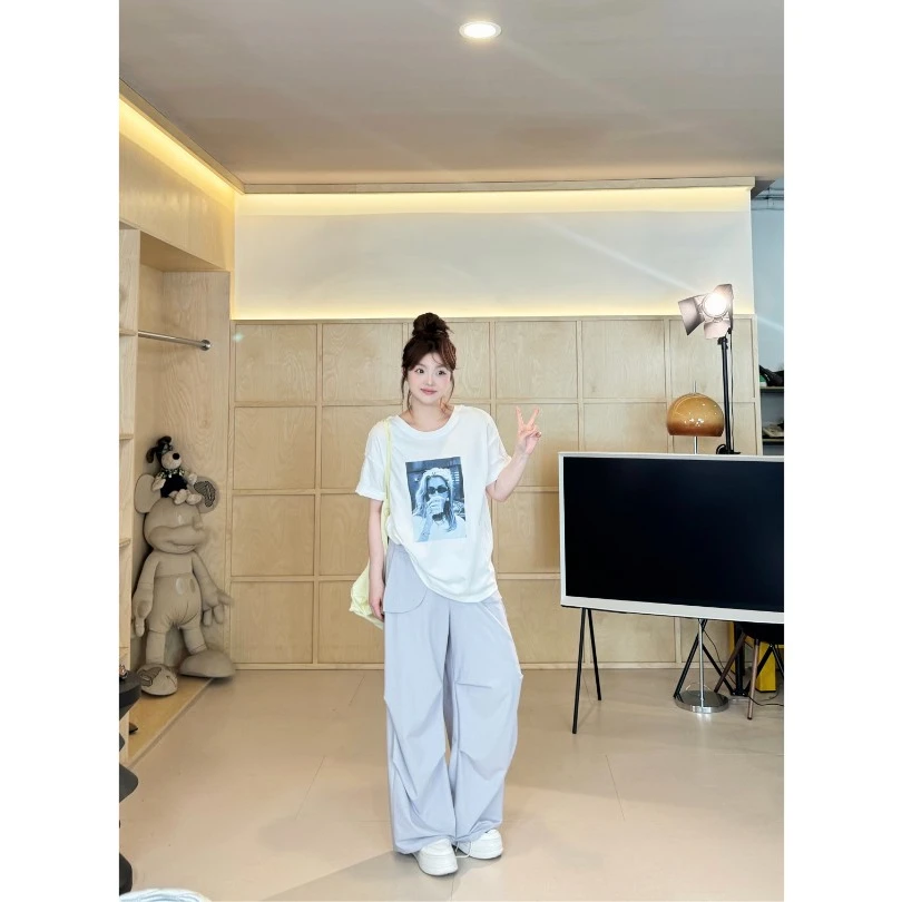 晶咕【街拍范~】美式宽松胸前人像后背字母印花ins风短袖T恤