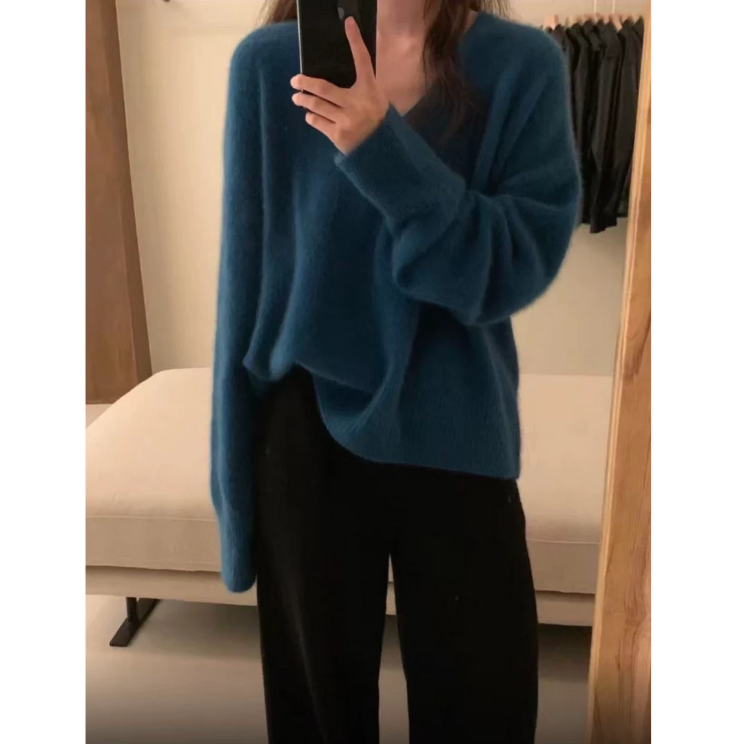 福利--秋冬季新款百搭时尚V领针织衫宽松慵懒风毛衣女上衣小君
