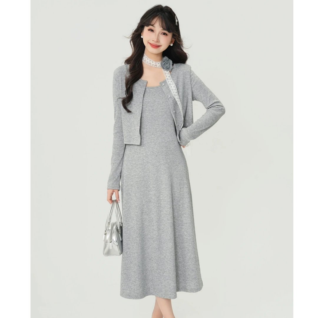 慕兔法式立体玫瑰花开衫搭配吊带裙两件套女2025秋季新款轻熟套装