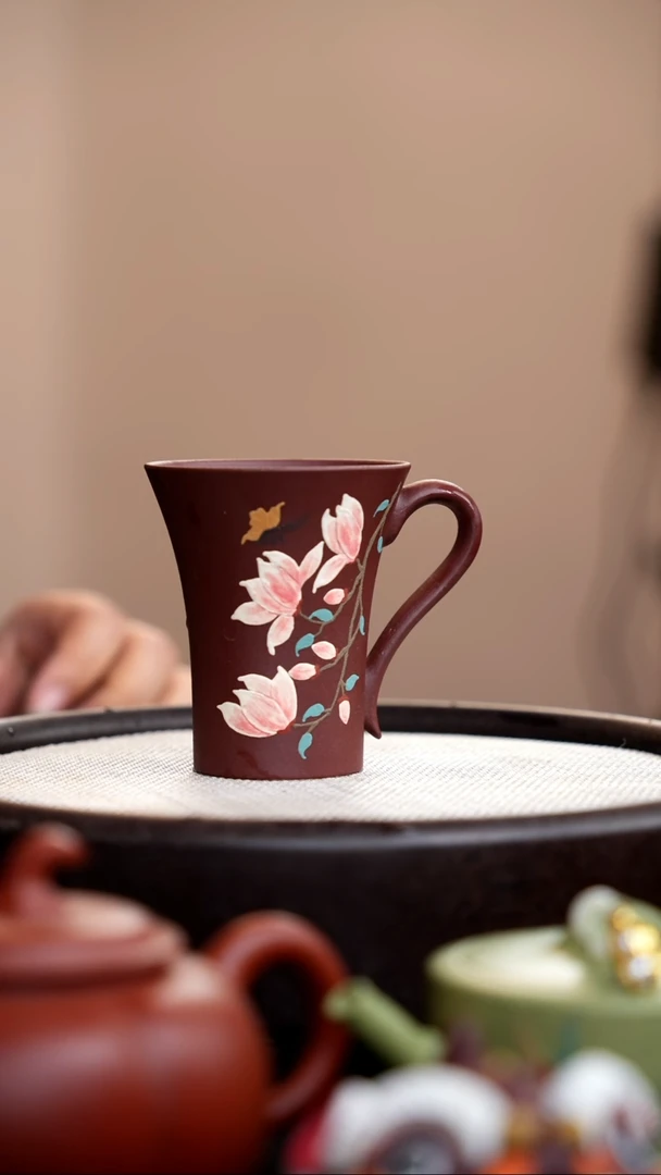 茶壶紫砂紫泥喇叭手把杯粉玉兰