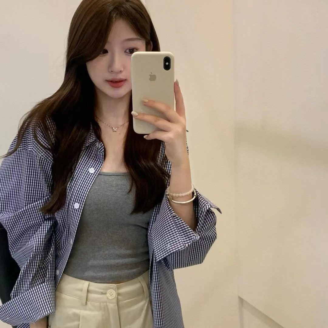 春夏季韩版宽松设计感蓝色格纹长袖衬衫女气质休闲上衣格子小众
