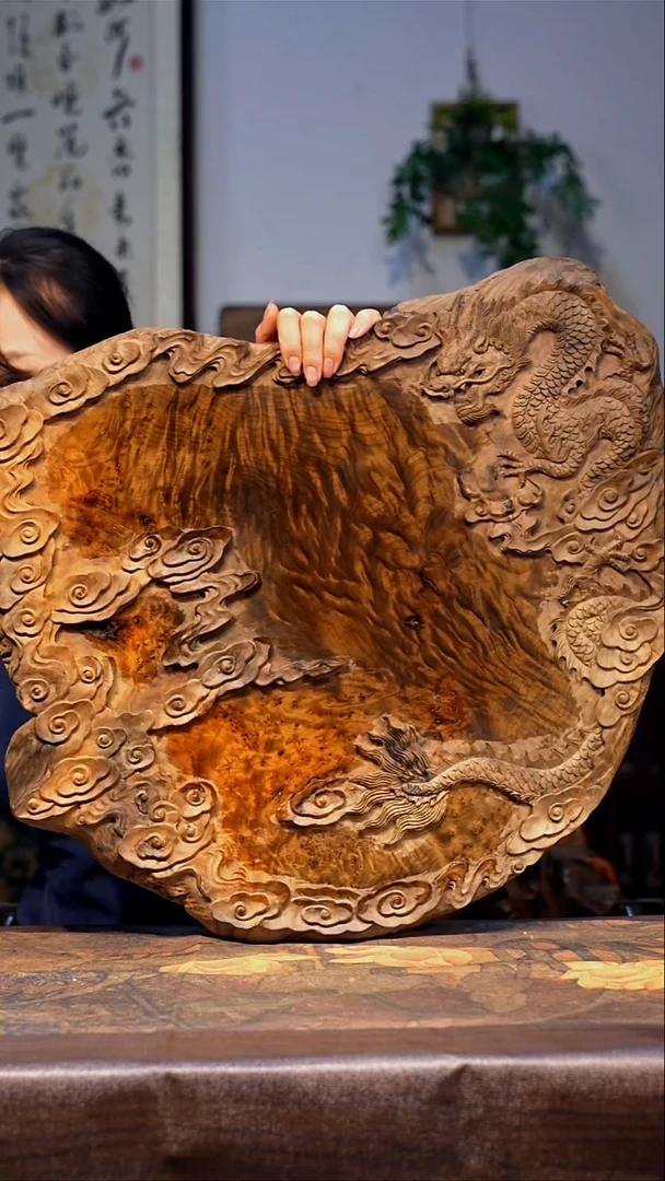 金丝楠【63】小叶金丝楠 瘤疤花纹 重工雕刻祥云瑞龙茶盘