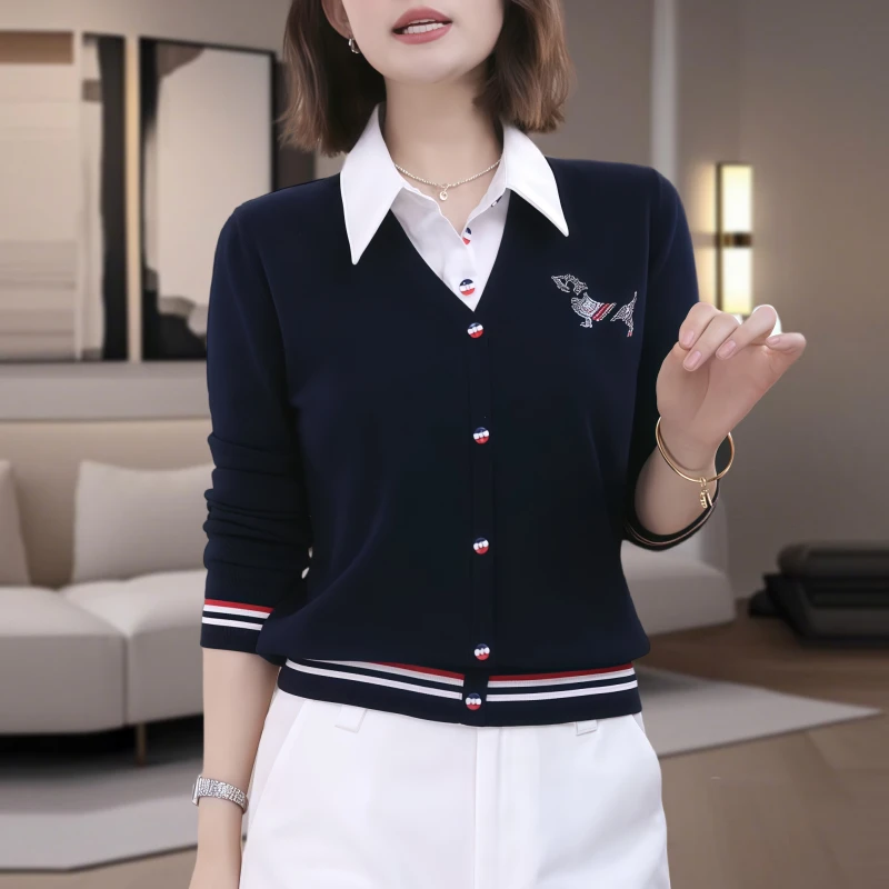 春秋季新款重工烫钻小狗衬衫领假两件毛衣女时尚高级感气质针织衫