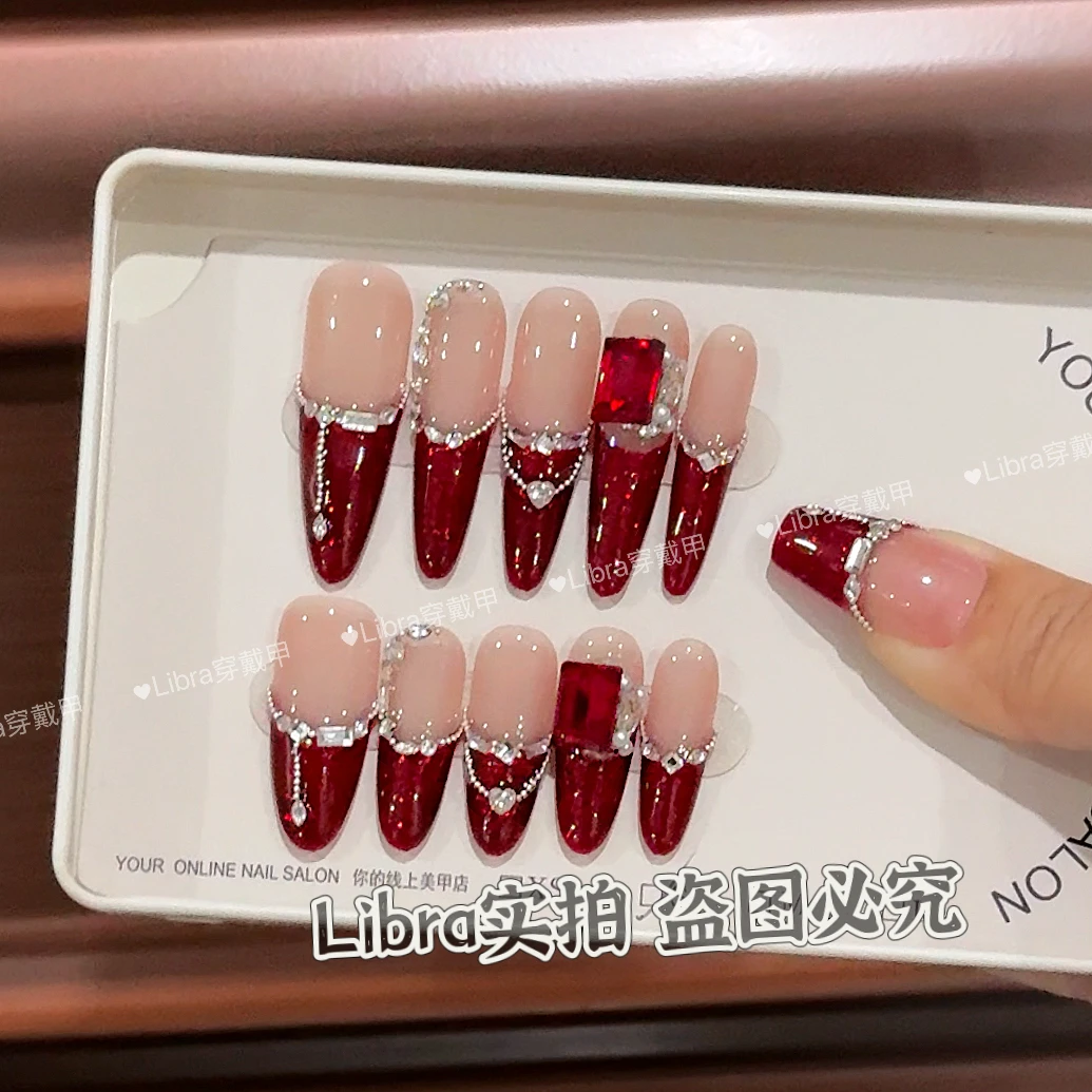 【烈焰红酒  】纯手工穿戴甲美甲贴片可拆卸指甲贴片10片装