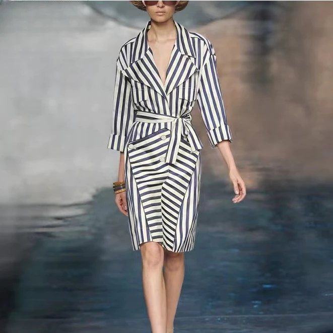 平凡高定！法式轻奢气质女神范条纹风衣外套(C11-5)0034