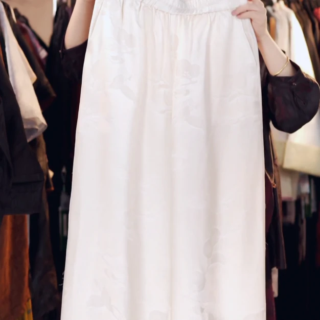 娟  新中式风100桑蚕丝  白色直筒裤 55225