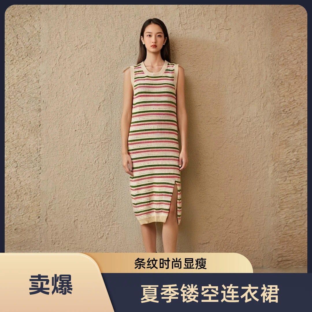 夏季法式撞色条纹镂空无袖中长款显瘦度假风连衣裙