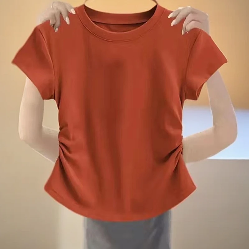 纯色短袖t恤衫女新款夏季修身收腰别致小众设计感圆领体恤上衣