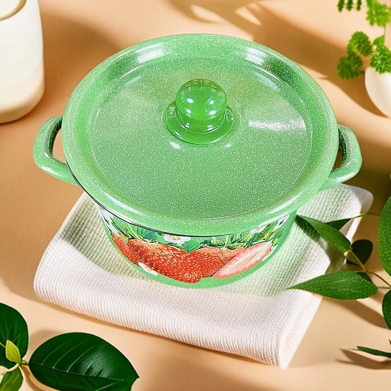 新疆包邮 20cm 绿色草莓菜锅 搪瓷 家用好看用中式加厚汤锅高烧锅
