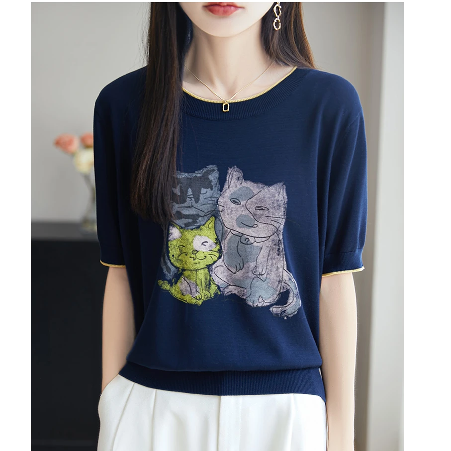 【超减龄】100莱赛尔天丝小猫圆领针织衫时尚显瘦短袖上衣