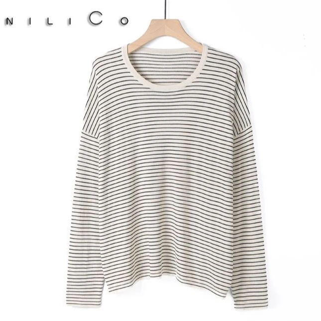 NILICO【偏爱】松弛感细条纹上衣长袖圆领休闲秋季百搭时尚轻奢轻奢