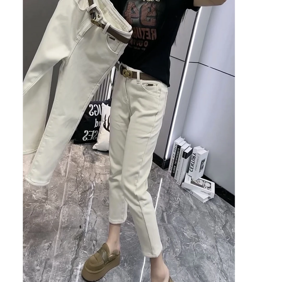 直筒米白色牛仔裤女秋冬加绒梨形身材胖mm大码高腰显瘦烟管裤子