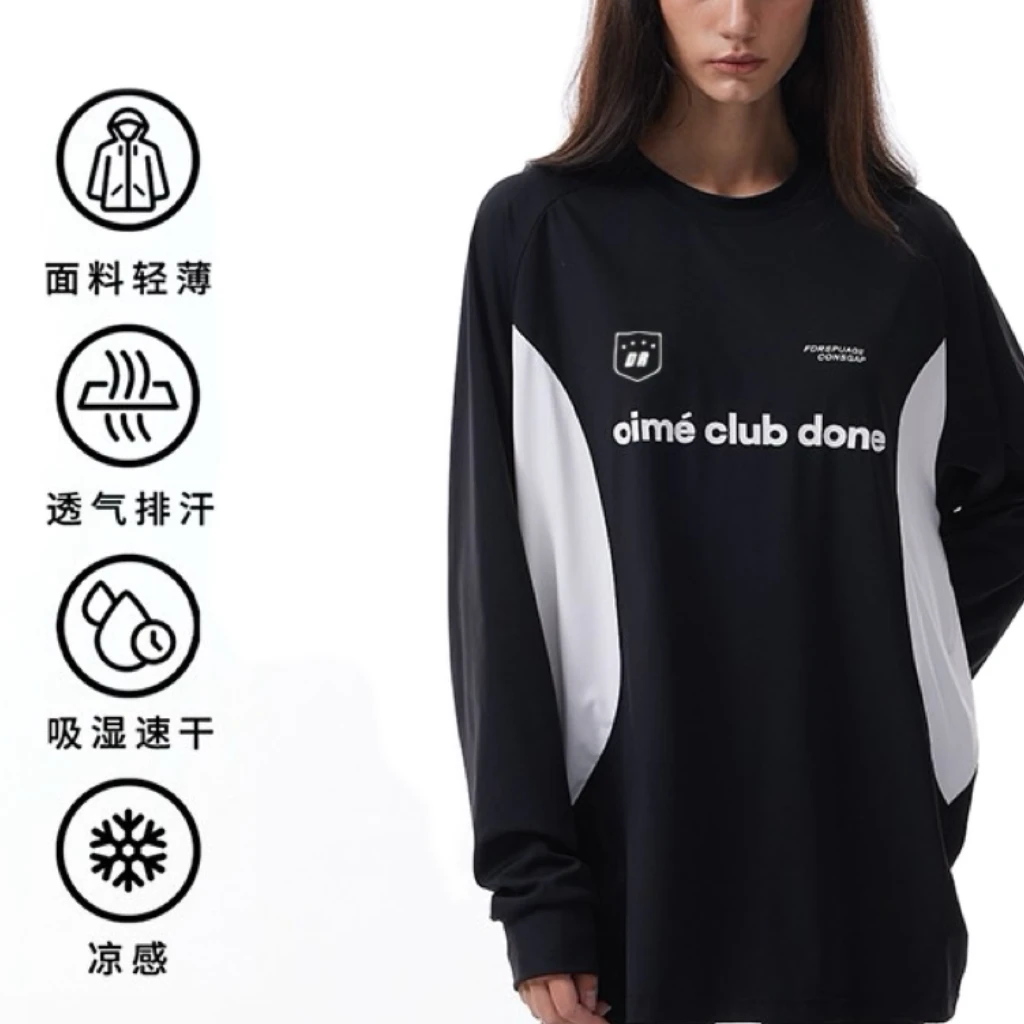 R字徽章拼接长袖速干衣男女户外先锋骑行衣情侣宽松T恤