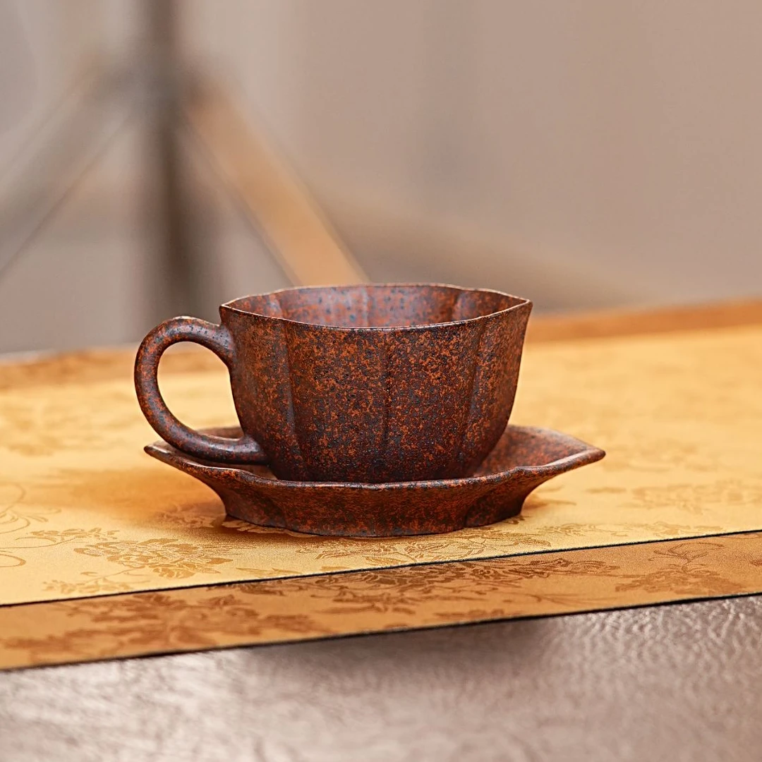 宜兴原矿紫砂高温烧制菱花手把杯茶具茶器 131