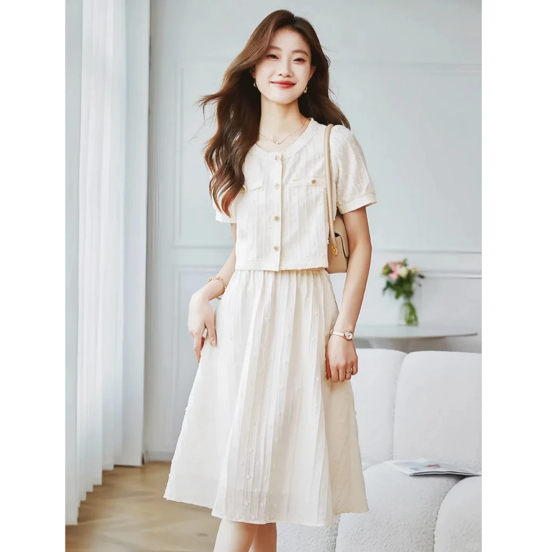 千金风法式少女风莱赛尔时尚套装洋气女装气质短袖夏季收腰连衣裙