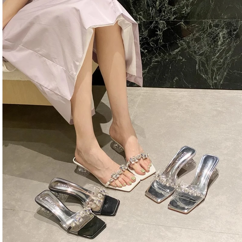 三福水钻一字带凉鞋女露趾凉拖银色外穿时尚拖鞋ins潮水晶高跟鞋