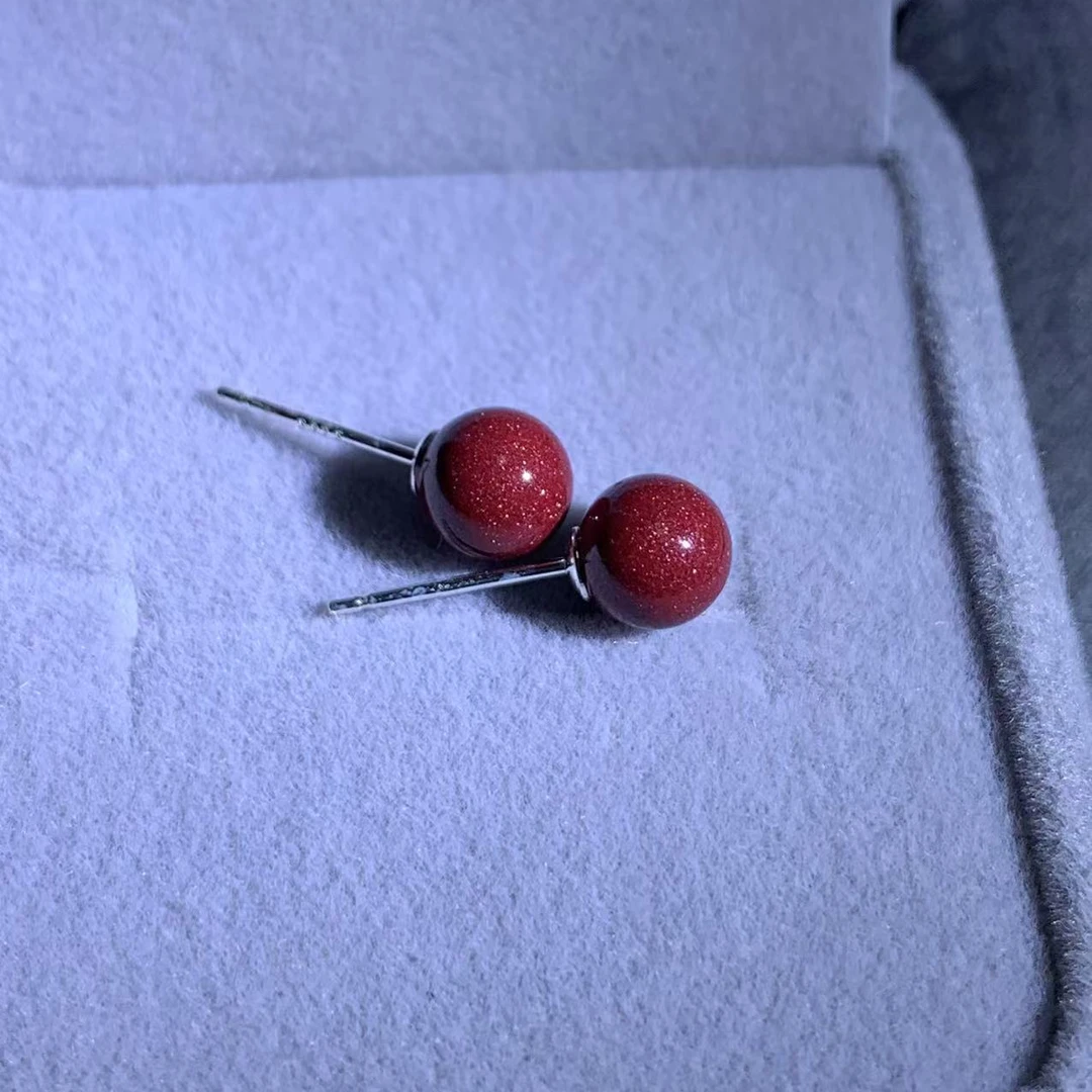 含辰砂工艺品【朱砂光面珠银针耳钉】松柏珠宝 多样性发货一对