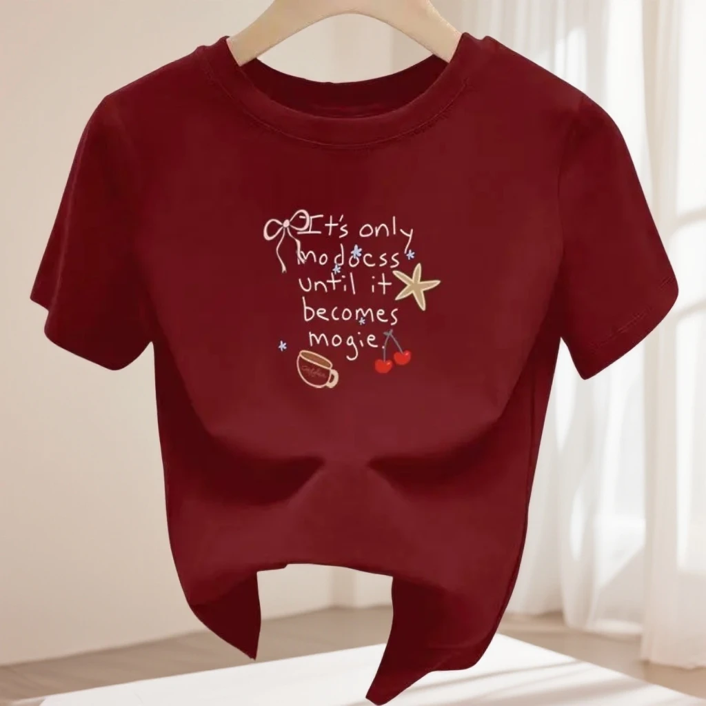 加厚磨毛棉正肩线条短袖t恤女百搭百搭酒红色上衣打底衫春秋季