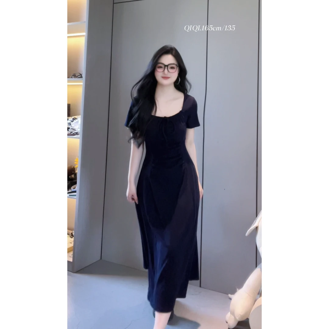 【极简】9210微胖mm法式气质方领连衣裙子女夏季收腰显瘦韩系穿搭