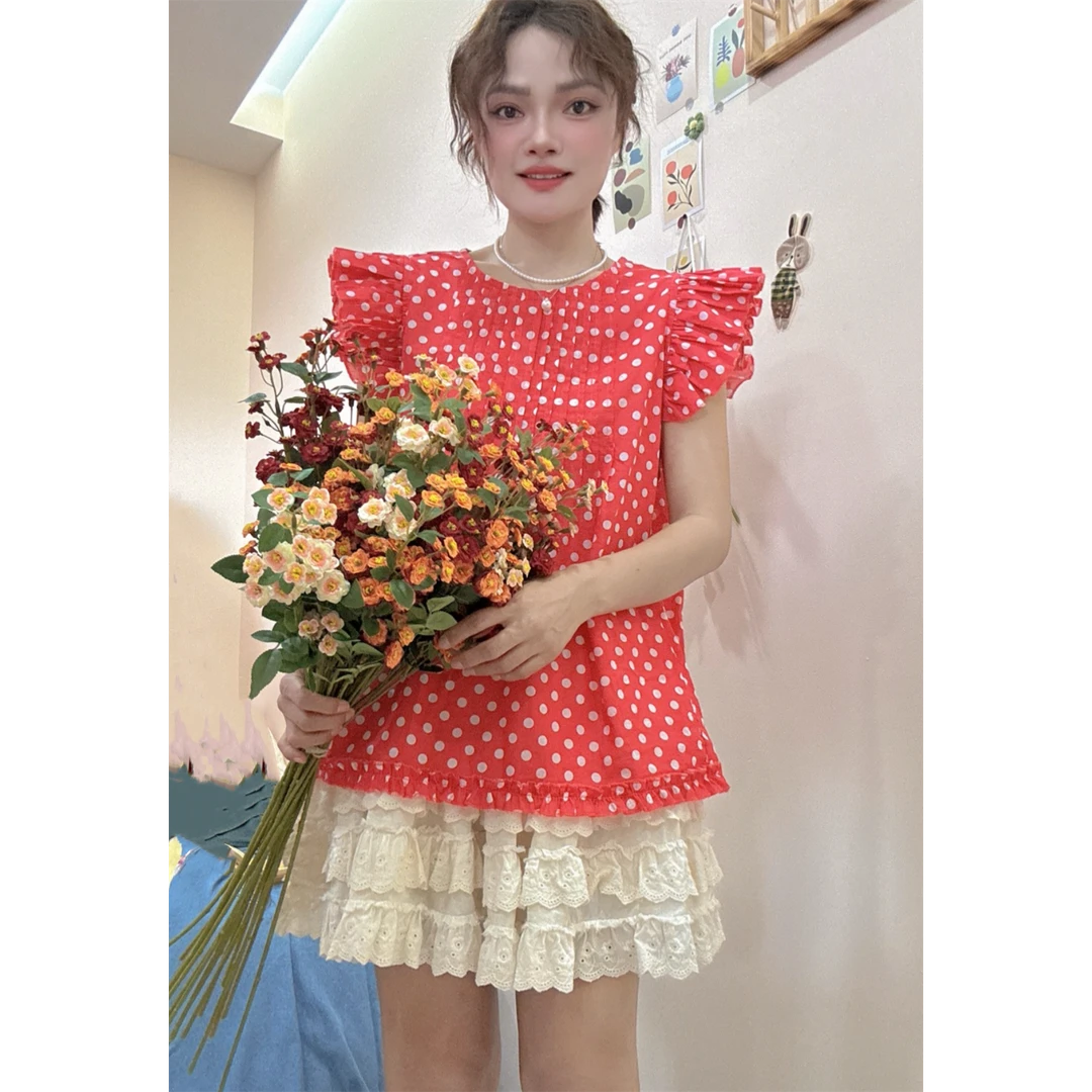 《米粒》63369森系甜美波点百搭减龄飞飞袖衬衫