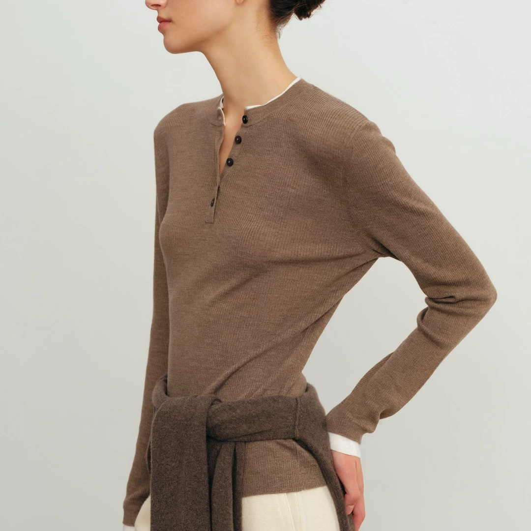 罕山100%羊毛女士精纺双色半高领百搭圆领套衫ep秋冬修身羊毛衫