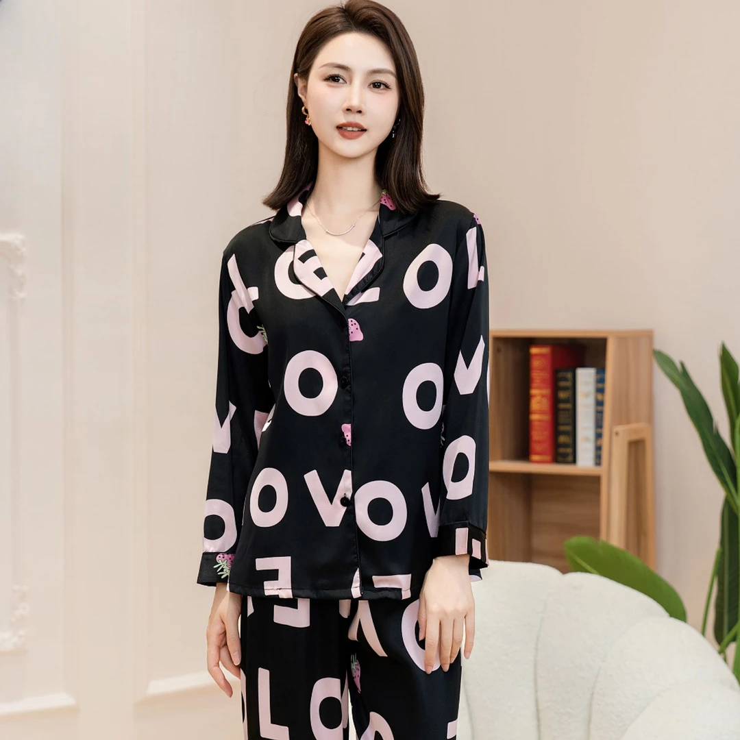 达芬奇密码秋季长袖睡衣女套装LOVE大码宽松女士家居服柔软舒适