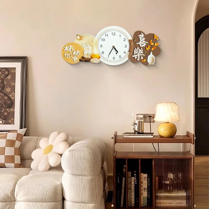 餐厅装饰画带钟表新中式客厅背景墙时钟挂画饭厅挂钟柿柿如意2560