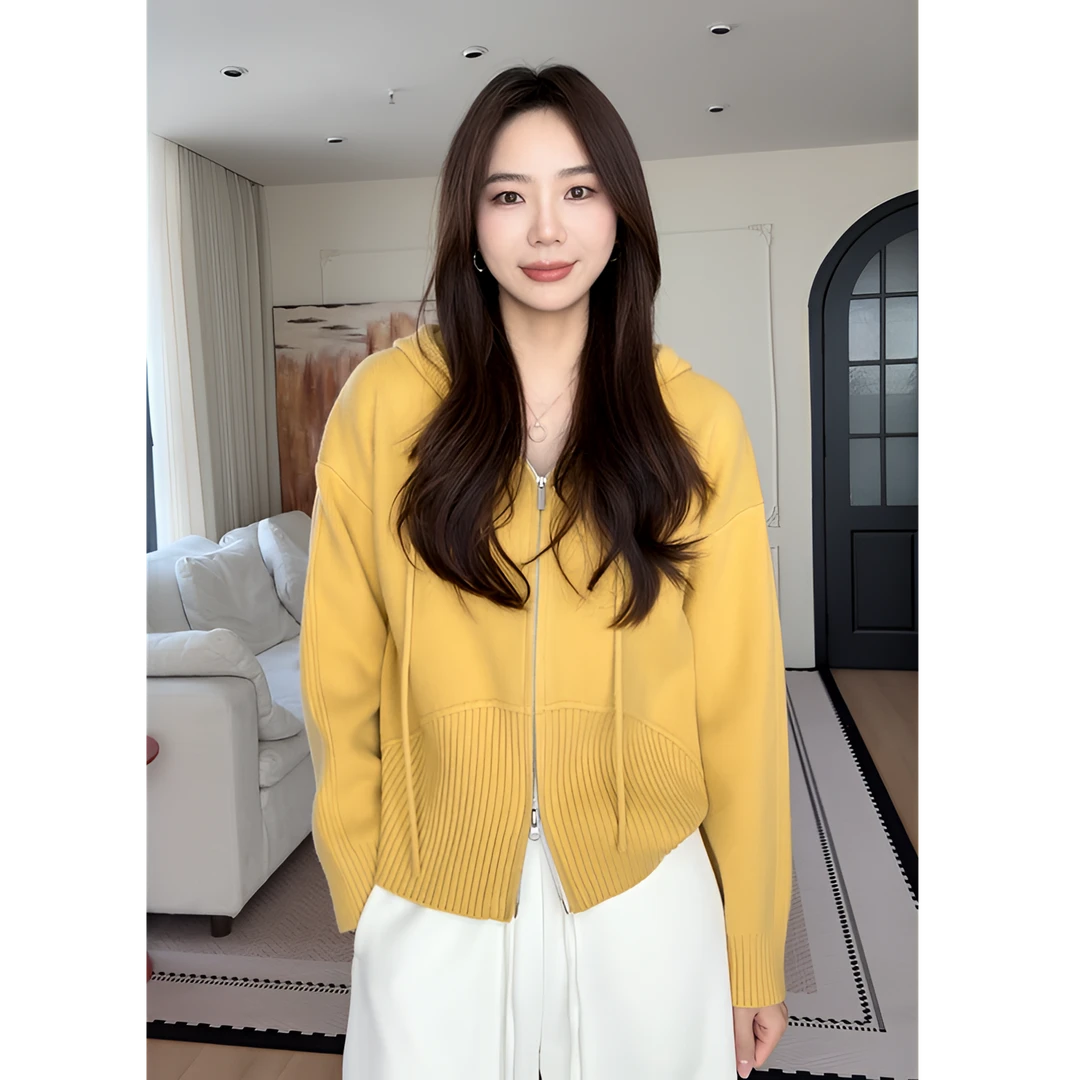 【余欢欢】秋季百搭休闲时尚简约连帽双拉链针织衫-YHW50887