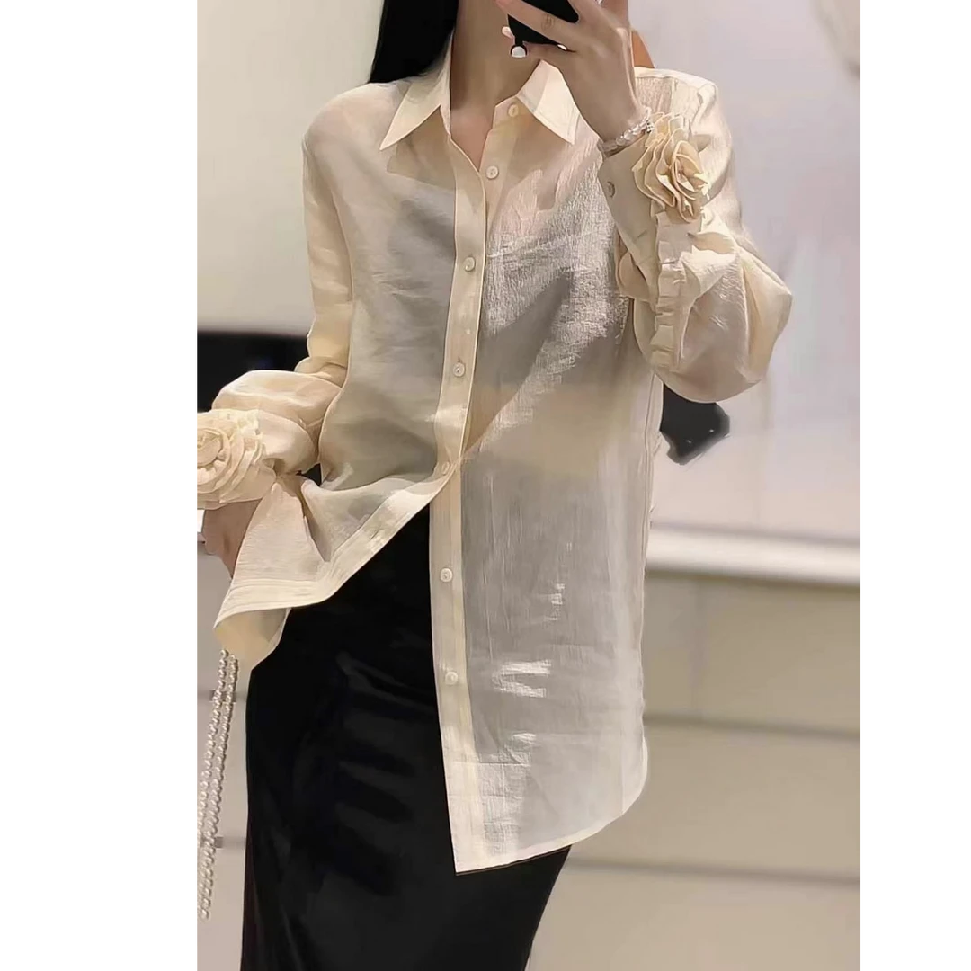 袖口立体裁剪玫瑰花衬衫女长袖法式立体花设计感女气质潮 2025