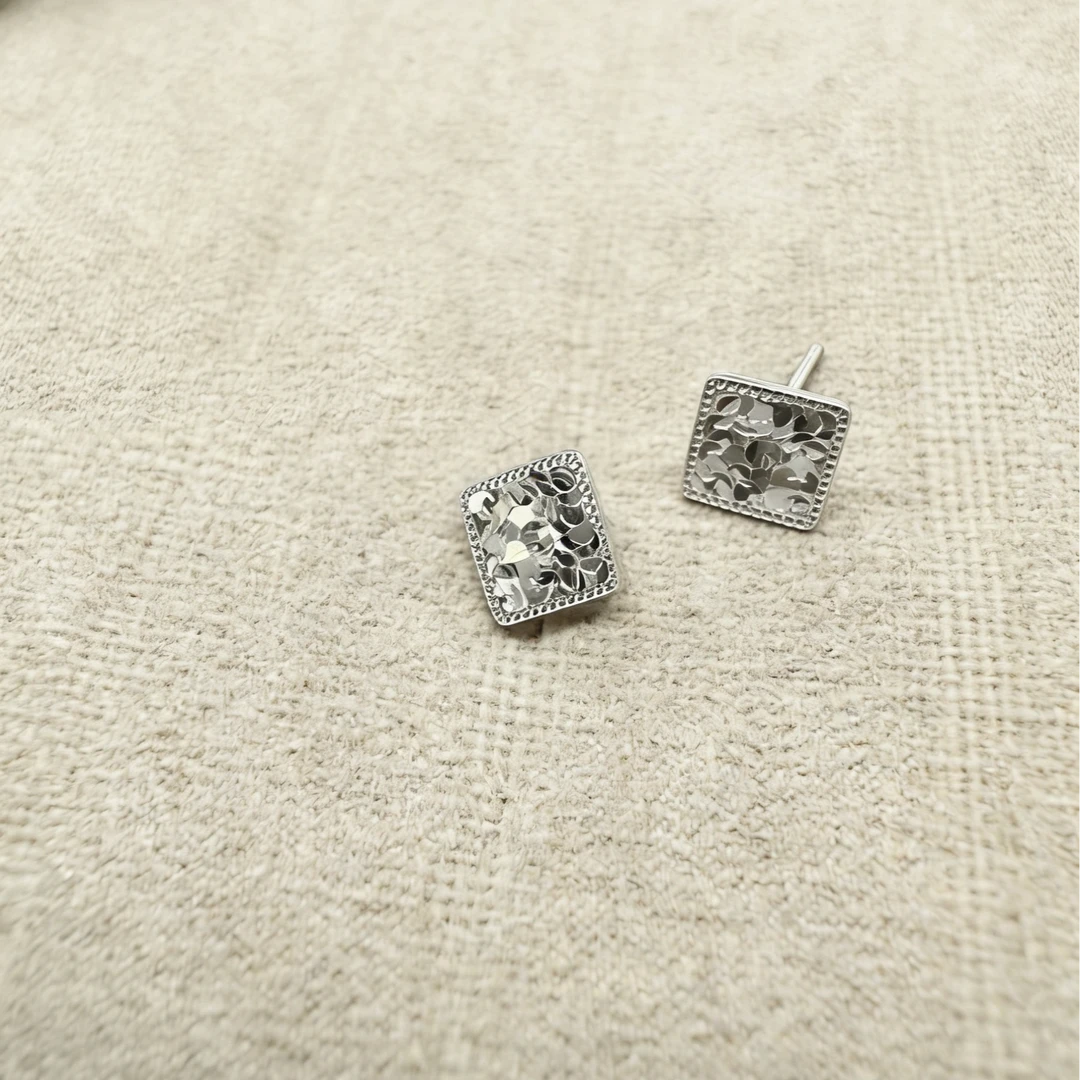 足银耳饰 【碎冰四方耳钉】足银999时尚百搭简约气质