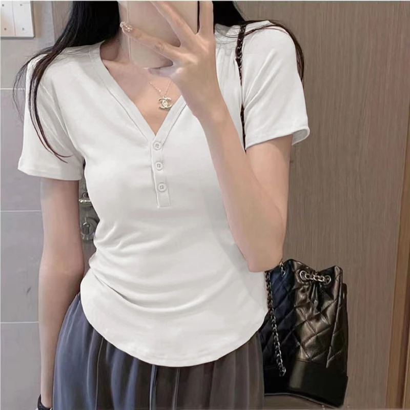 8847#修身短款t恤女夏显瘦V领高腰打底衫瑜伽舞蹈服短袖运动上衣