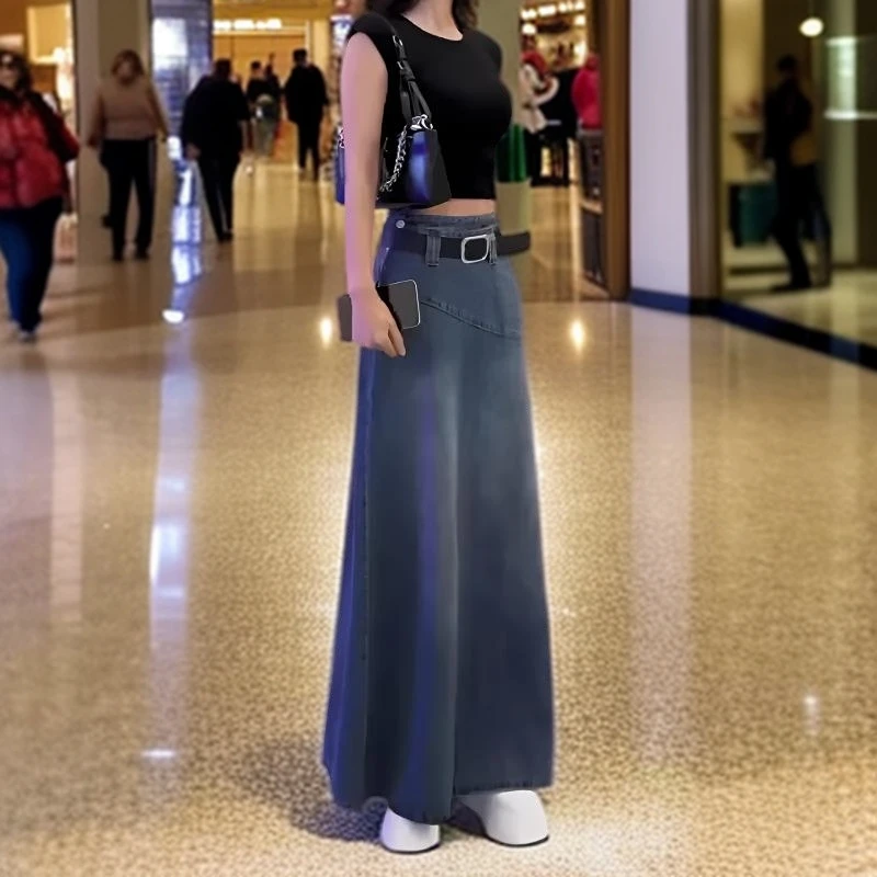 港风复古牛仔半身裙女夏季薄款大码胖mm高腰宽松遮胯显瘦a字长裙