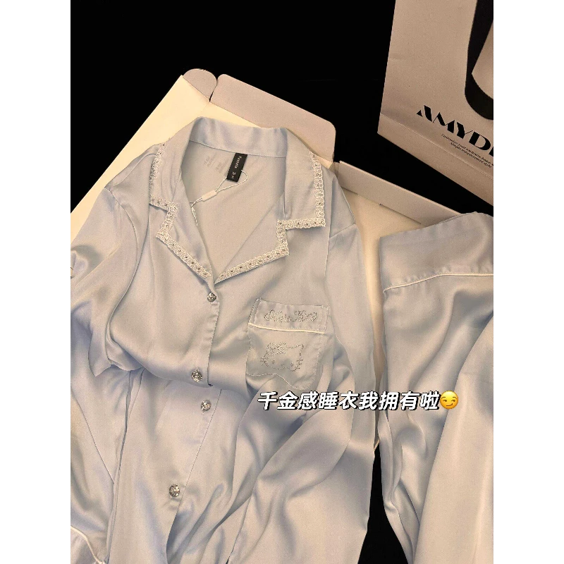 【烫钻凯蒂猫】千金感冰丝睡衣女套装春夏新款大码长袖长裤家居服