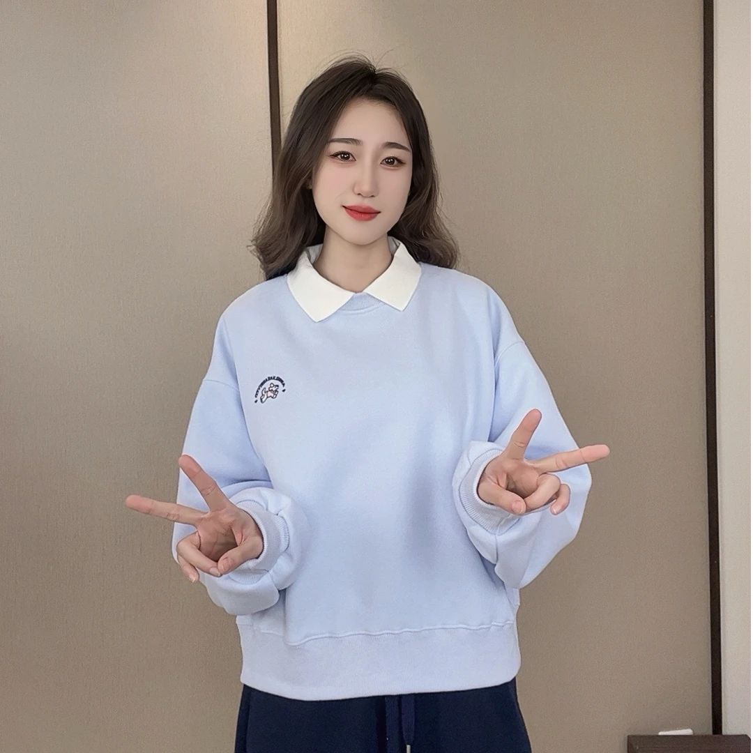 翻领刺绣POLO春款卫衣长袖时尚休闲百搭宽松假两件韩版设计感减龄