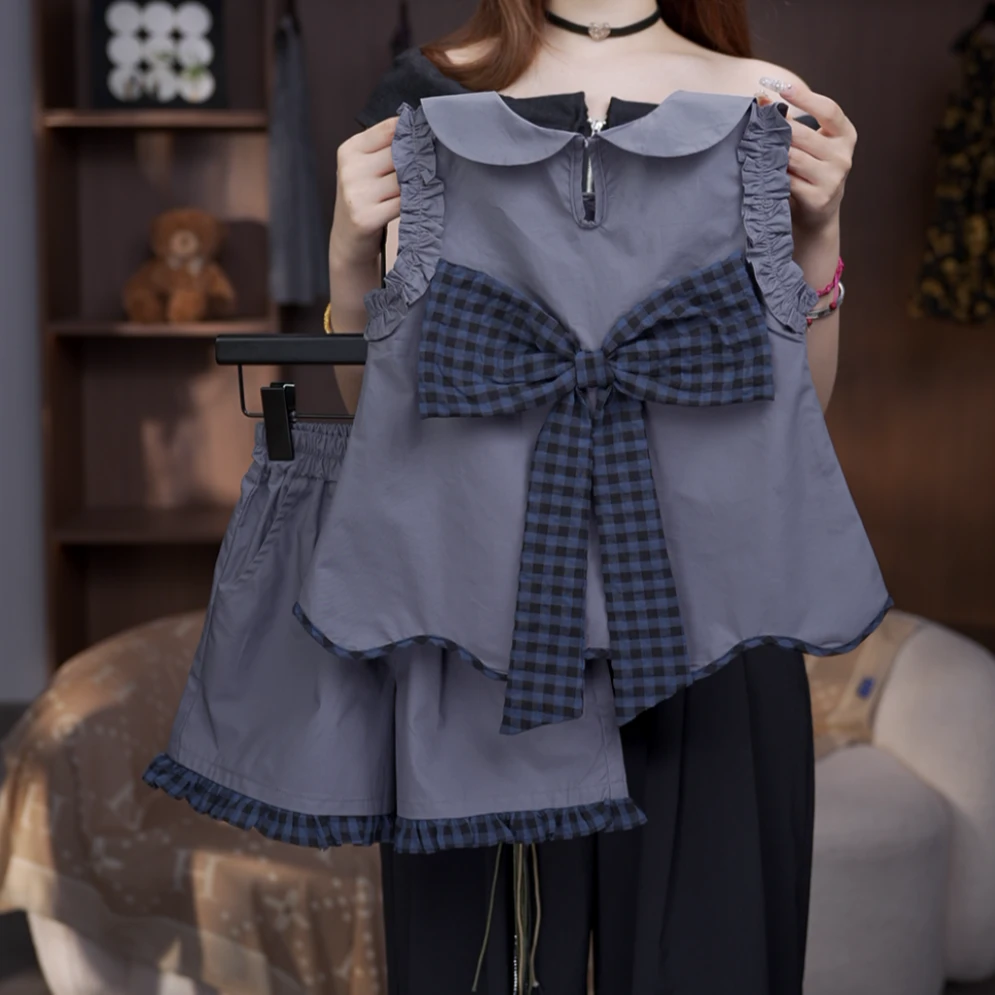 【有木】夏季新品女童上衣韩版薄款夏季休闲设计感格子森系蝴蝶结