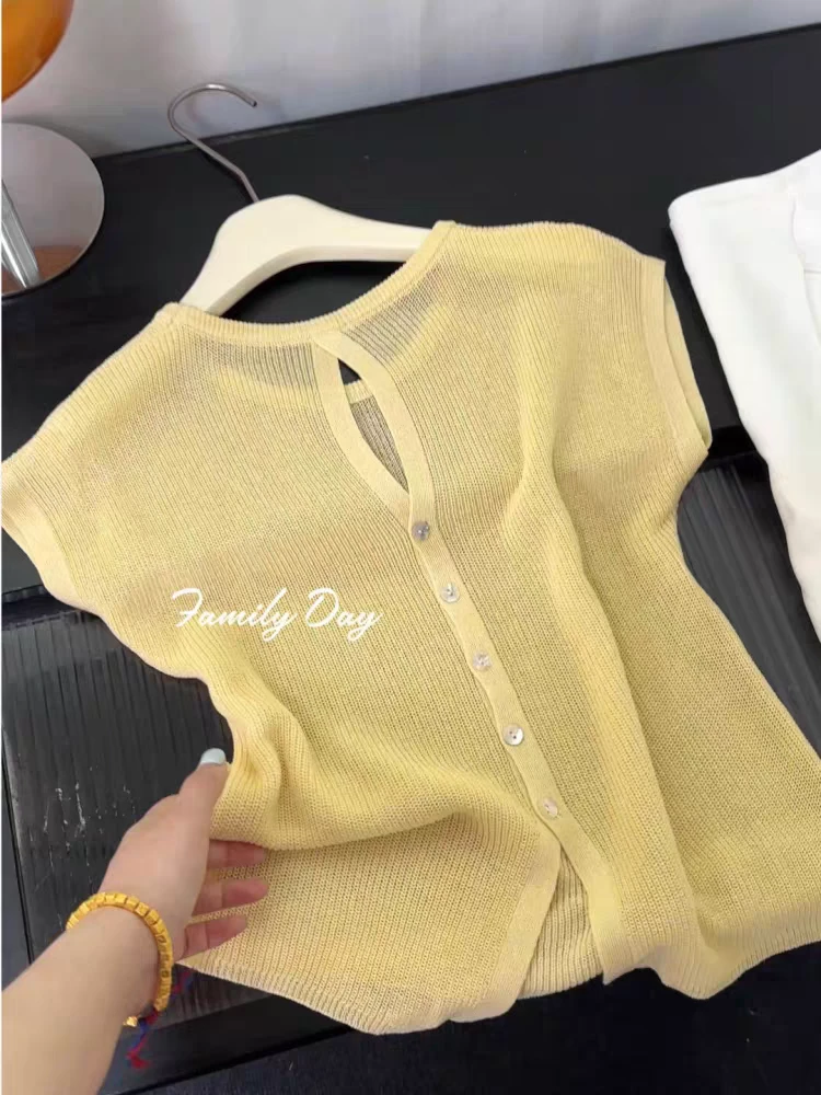 自留推荐-法式镂空后背单排扣开叉针织衫女夏季时尚显瘦薄款上衣