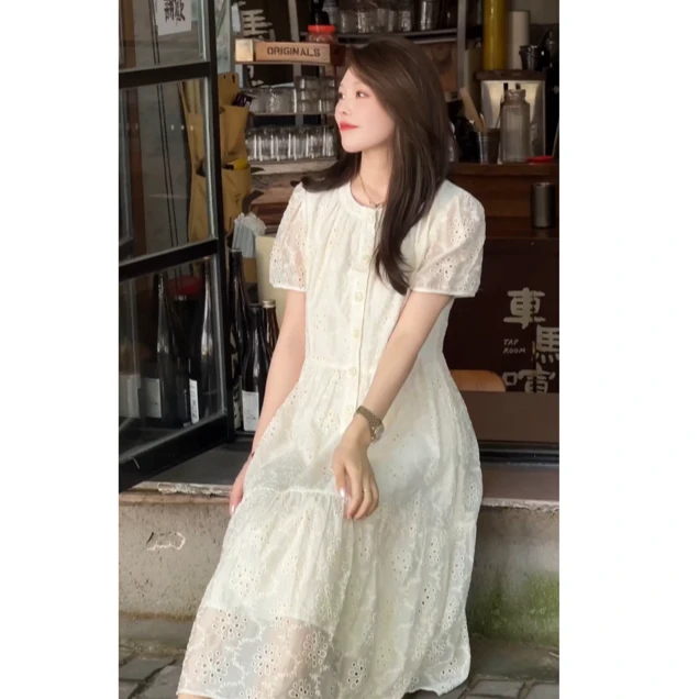 ROBELLE夏季新款镂空设计感圆领连衣裙法式复古文艺风甜美初恋裙