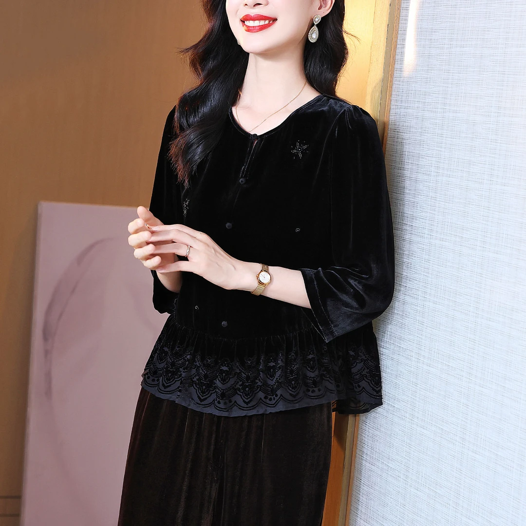 秋季圆领七分袖真丝丝绒上衣女士小个子设计感黑色百搭桑蚕丝小衫