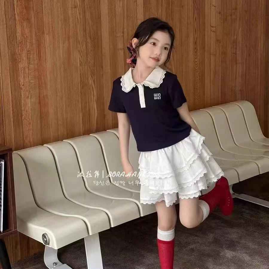 2025夏季新款学院风休闲百搭POLO短袖女童T恤甜美风中大儿童上衣★