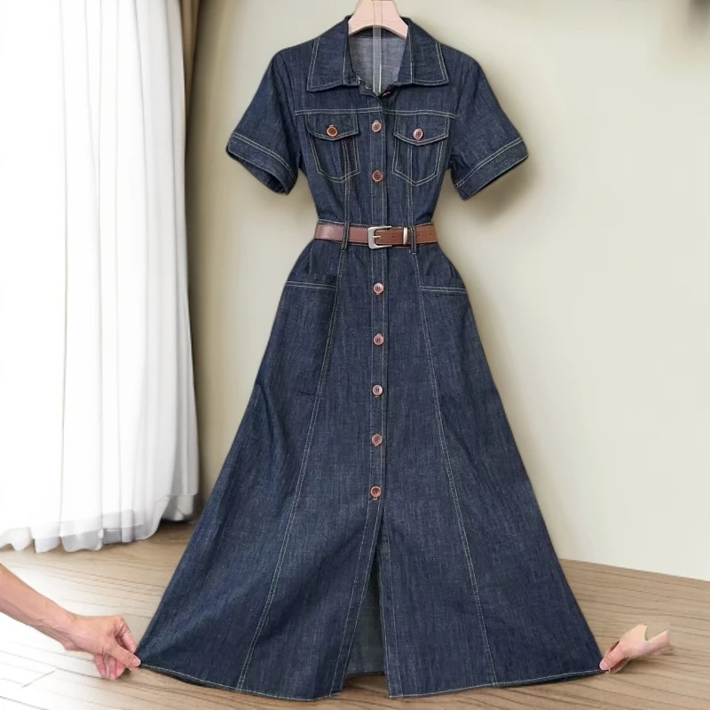 【RG6056】2025年新款显瘦气质蓝色高腰时尚夏季复古收腰百搭连衣裙