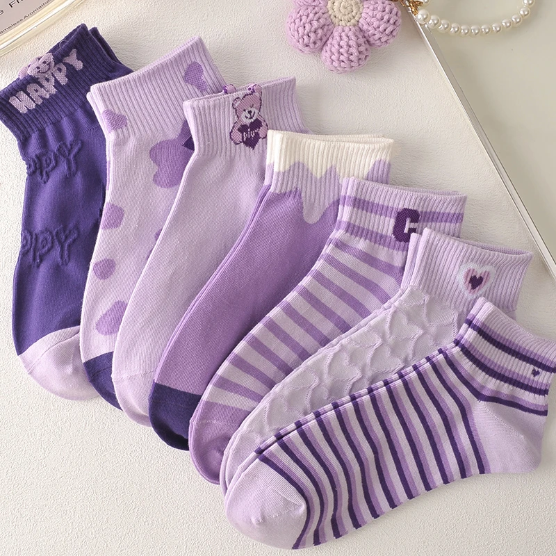 【拍一发七】紫色ins潮女孩透气可爱袜立体小熊日系薄款短筒船袜