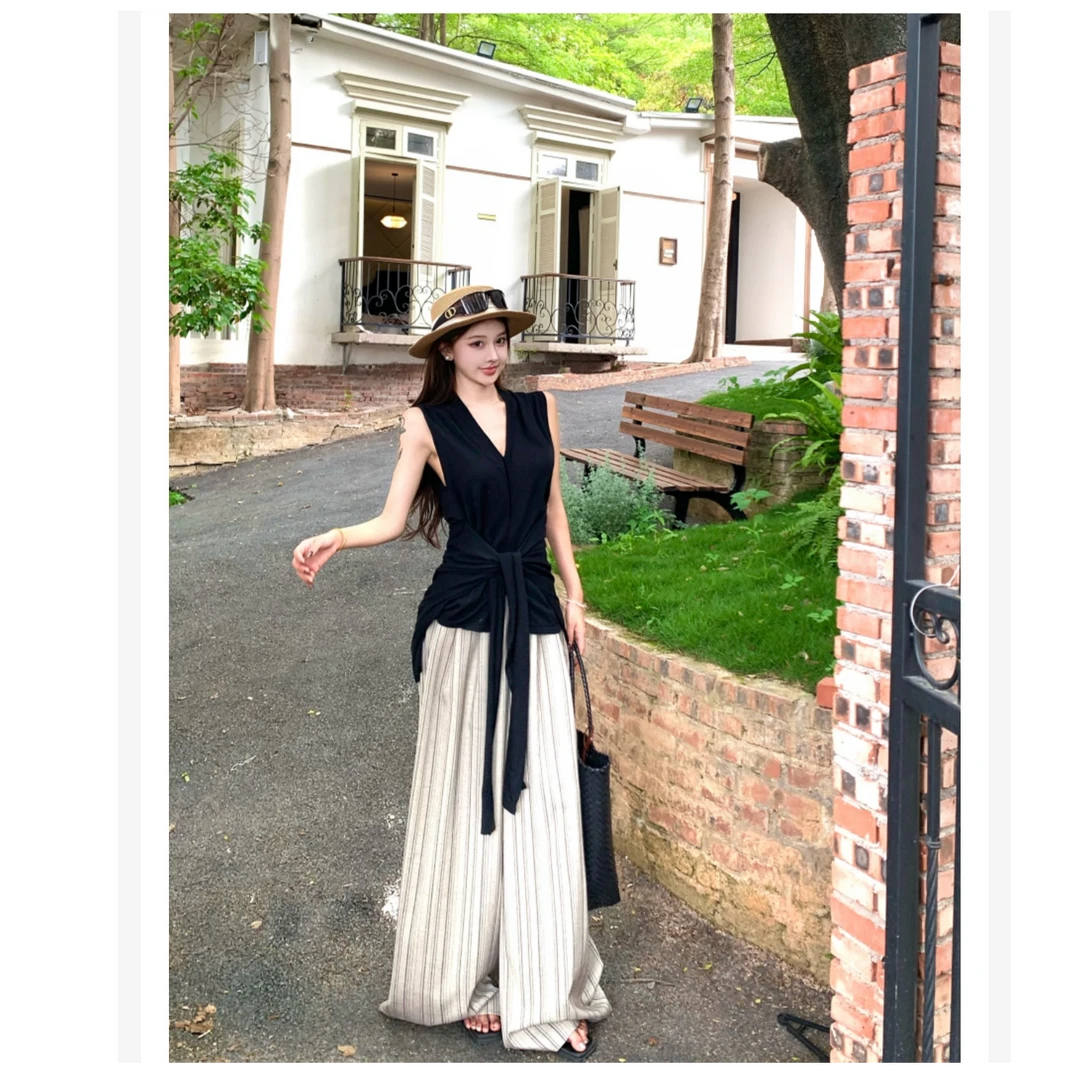 【品牌升级清仓捡漏】针织衫女V领马甲背心+老钱条纹阔腿裤女