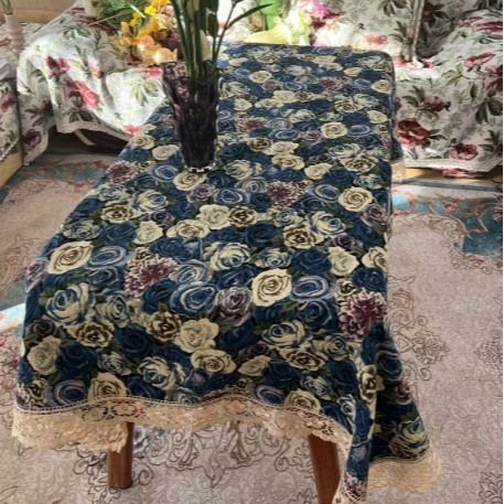 ZN162-27蓝玫瑰【160*220】蓝色妖姬棉麻交织布桌布茶几布