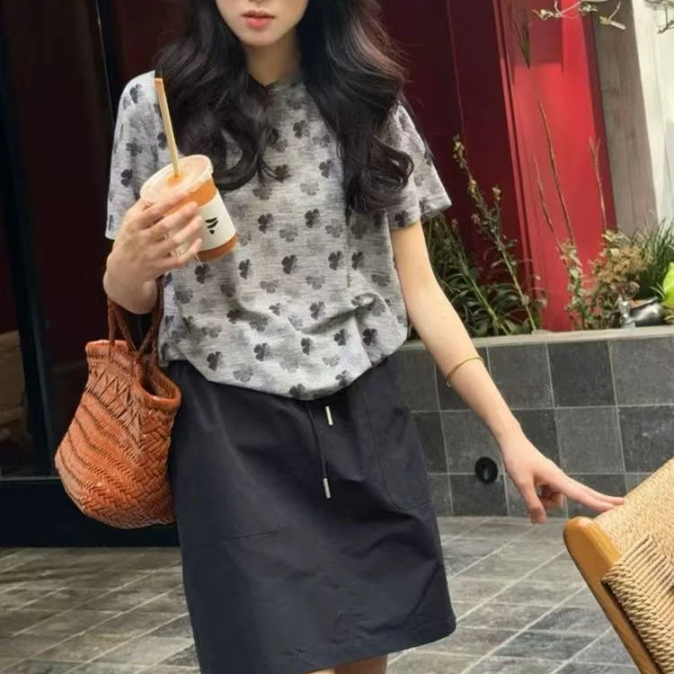 【专属】有运费补贴~花朵高级灰薄款宽松冰感针织上衣时尚休闲百搭