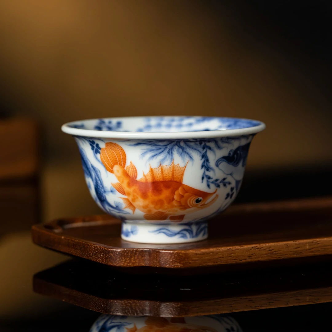 【瑶瑶甄选】 望月怀古矾红鱼澡大压手杯手绘WYHG0150景德镇陶瓷