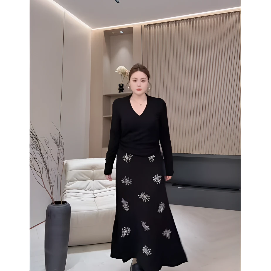 气质显瘦V领长袖上衣女高腰半身裙秋季韩系穿搭一整套装6589