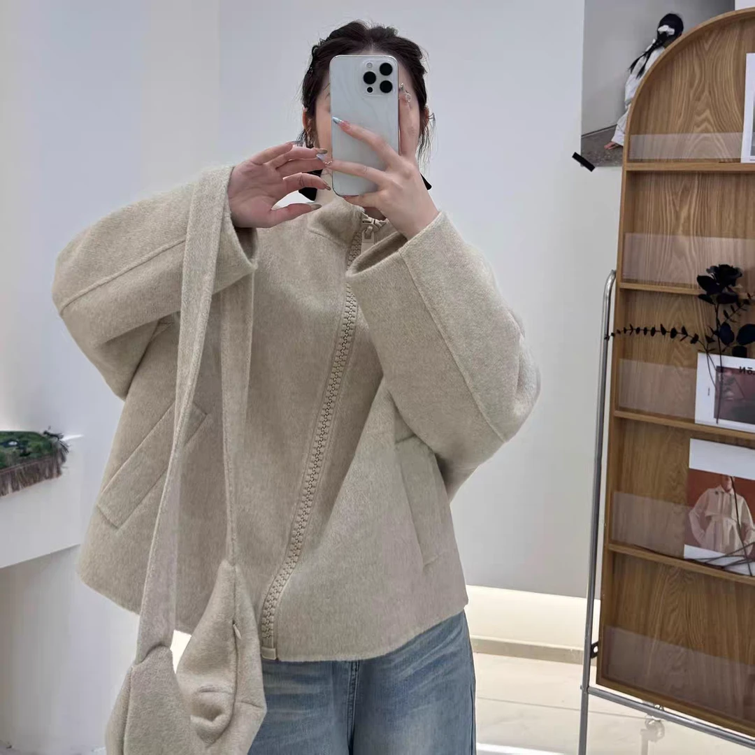 2025新款粗拉链背包款秋冬韩版时尚百搭双面羊毛大衣中长款外套女